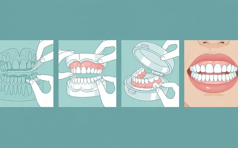 A series of four sequential illustrations showing the main steps of getting conventional full dentures: 1) Initial impression, 2) Wax try-in on a model, 3) Final denture fabrication, 4) Dentures seated comfortably in a patient's mouth.