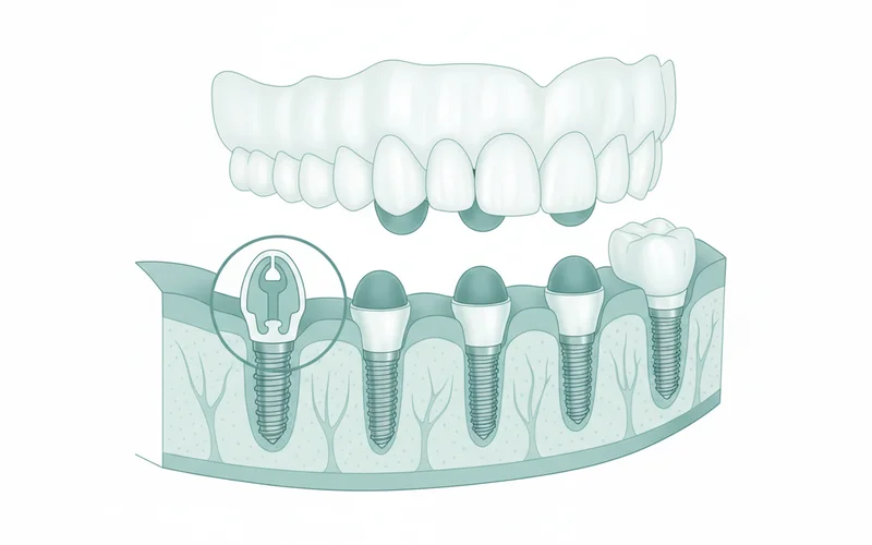 A diagram showing a lower jawbone with four dental implants integrated into it, and a full arch denture with attachment points (like Locator or ball attachments) ready to snap onto the implants. A cross-section view of an implant integrated into the bone would be helpful.