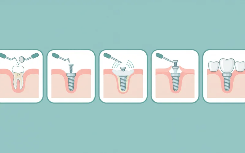 A step-by-step infographic showing the stages of implant placement: 1. Tooth extraction and bone grafting if needed. 2. Implant placement surgery. 3. Osseointegration healing period. 4. Abutment placement. 5. Final denture attachment.