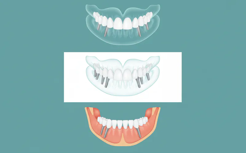 A diagram illustrating the different types of full mouth implants: one arch showing All-on-4 implants with the prosthetic bridge, another showing 6-8 traditional implants supporting a full bridge, and a third illustrating zygomatic implants anchored in the cheekbone.