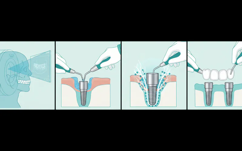 A series of four illustrations depicting the step-by-step process: 1) Initial consultation with CT scan, 2) Implant placement surgery into the jawbone, 3) Osseointegration period showing bone fusing with the implant, 4) Final prosthetic bridge being attached to the abutments.