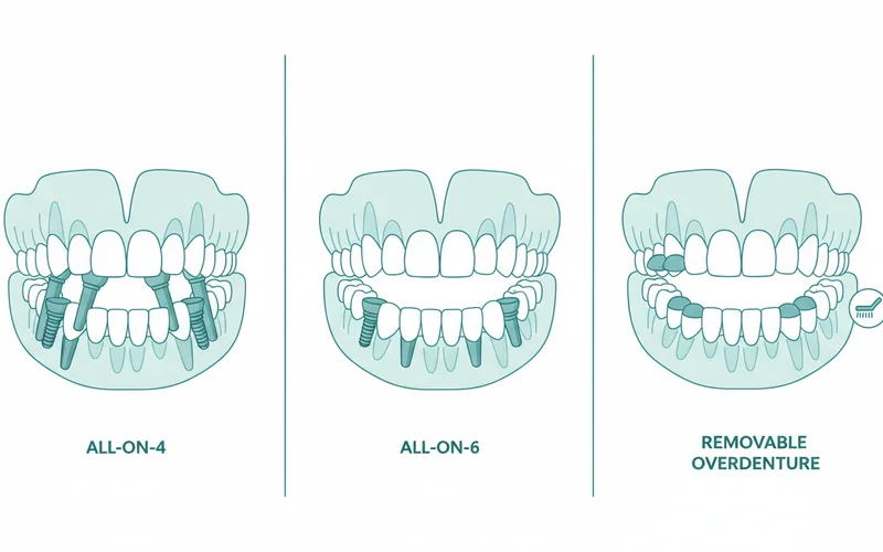 Detailed infographic illustrating the different types of full mouth implants (All-on-4, All-on-6, Removable Overdenture), showing where implants are placed for each.