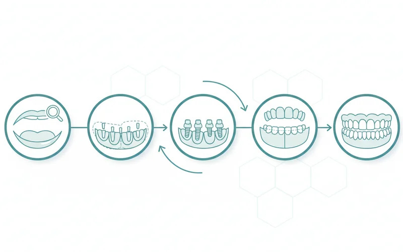 Detailed infographic illustrating the step-by-step process of full mouth implant placement, from initial consultation to final prosthesis attachment.