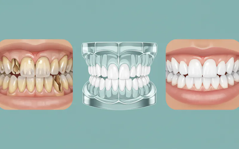 A series of photos showing a patient's initial severely damaged teeth, followed by a diagnostic wax-up model of the proposed healthy smile, and then a final image of the reconstructed smile.