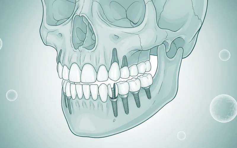 Diagram illustrating different components of full mouth reconstruction, such as dental implants supporting crowns, bridges, and dentures.