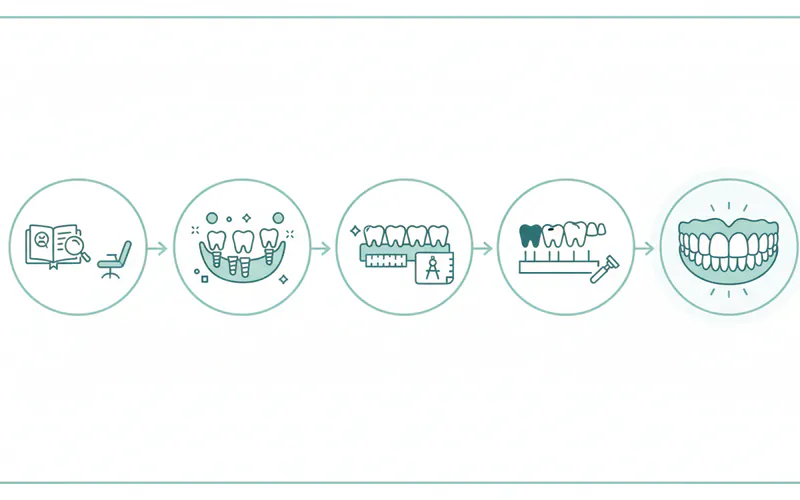 Infographic showing the general multi-stage process of full mouth reconstruction, from initial consultation to final restorations.