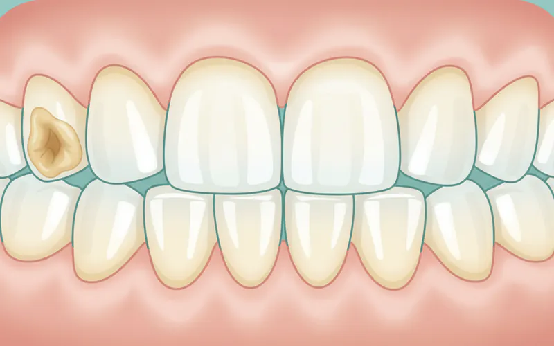 A close-up illustration of teeth showing typical signs of acid erosion: cupping on the biting surfaces of molars, thinning/translucency on the incisal edges of front teeth, and yellowing due to exposed dentin.