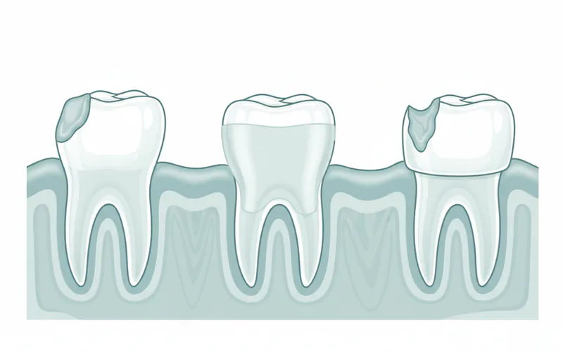 A diagram illustrating various dental restorative treatments for eroded teeth, showing dental bonding on a chipped front tooth, a veneer placed over an eroded tooth, and a crown covering a severely damaged molar.