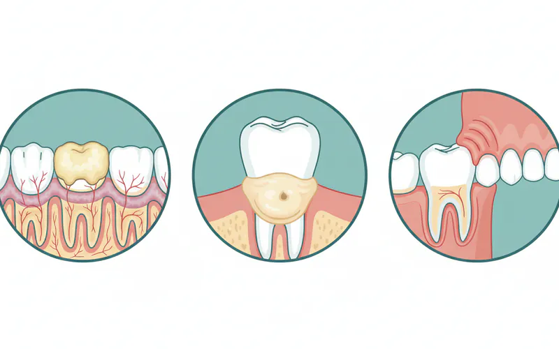 An illustration showing different causes of gum swelling: one image showing plaque buildup on teeth and inflamed gums (gingivitis), another showing a localized swollen gum with pus (abscess), and a third showing an impacted wisdom tooth causing swelling in the back of the mouth.