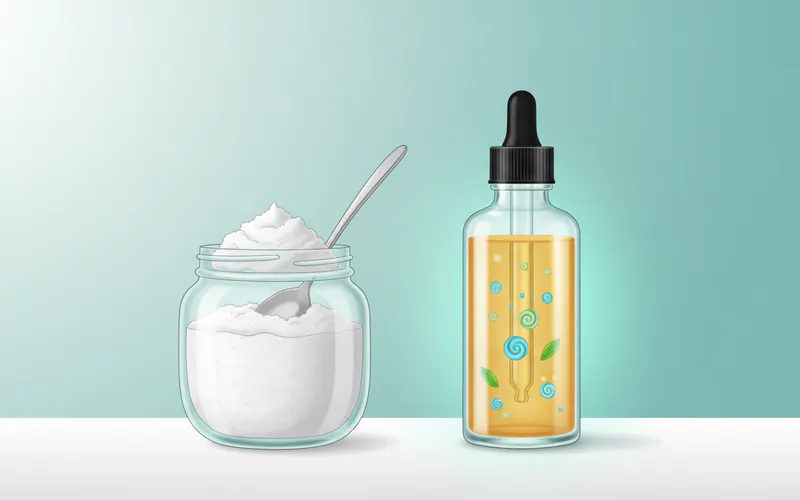 A side-by-side comparison illustration showing a jar of traditional coconut oil and a bottle of Guru Nanda pulling oil, highlighting their different consistencies and indicating the presence of essential oils in the Guru Nanda bottle.