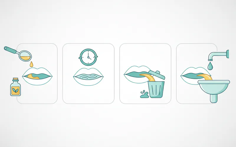 A step-by-step infographic illustrating the Guru Nanda oil pulling process: 1. Measuring oil, 2. Swishing in mouth with a clock indicating duration, 3. Spitting into a trash can, 4. Rinsing mouth with water.