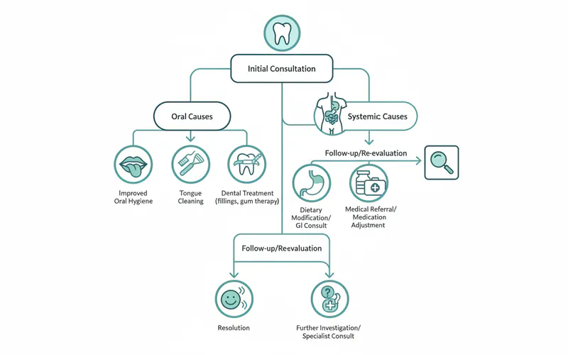 A flowchart illustrating the halitosis treatment pathway, starting from initial dental consultation, branching into oral vs. systemic causes, and showing different treatment options and follow-up steps.
