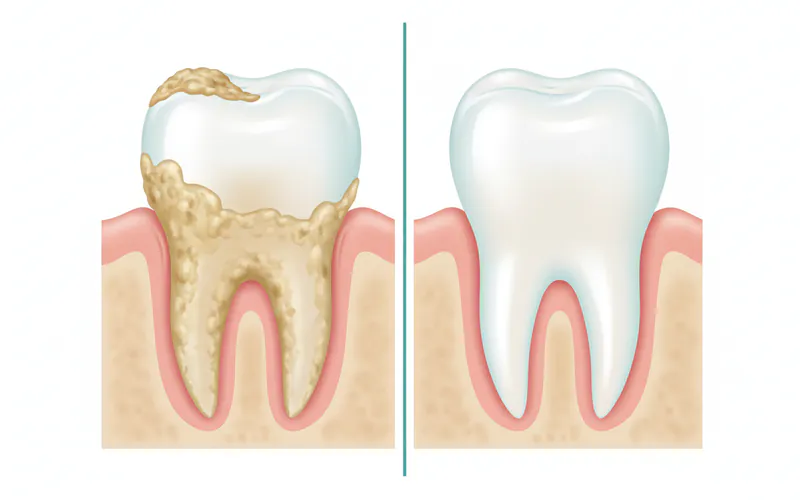 A side-by-side comparison illustrating a tooth with plaque and tartar buildup before a professional cleaning, and the same tooth looking clean and healthy after scaling and root planing.
