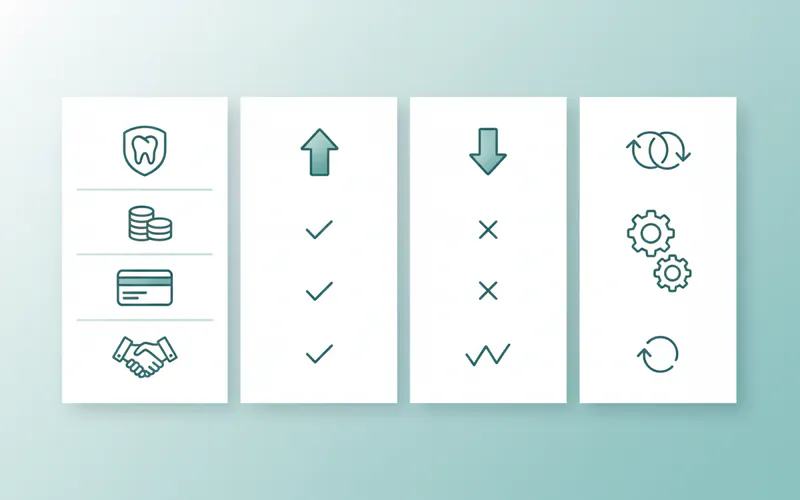 A table comparing different payment options for dental care, including dental insurance, cash, credit cards, and dental financing plans like CareCredit, with pros and cons for each.