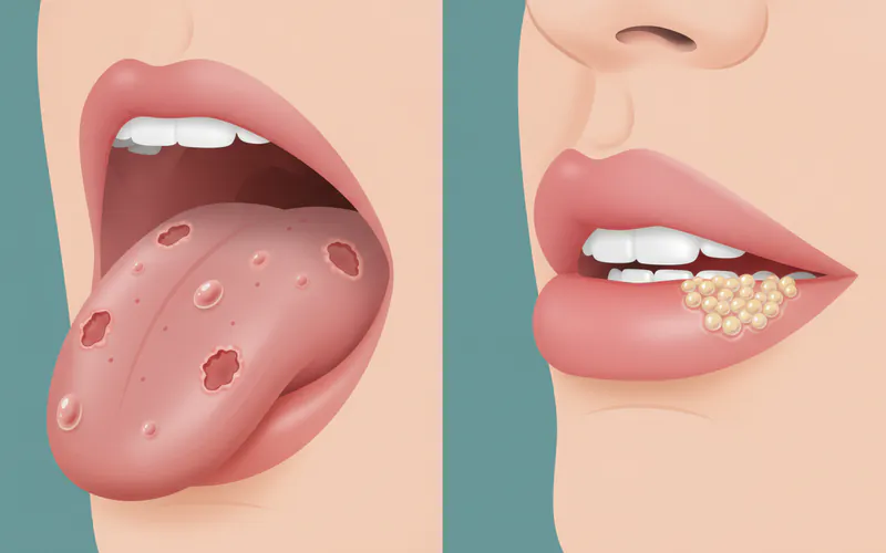 Medical illustration showing the typical appearance of HFMD oral lesions (blisters/ulcers on tongue, inner cheek) compared to a cluster of cold sores on the lip or gum.