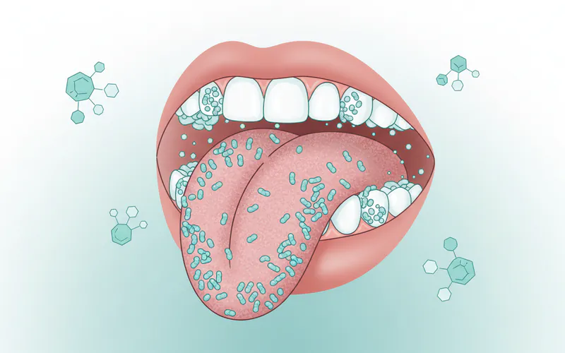 A close-up illustration of the human mouth, highlighting bacteria on the tongue and between teeth, with small sulfur compound molecules floating.