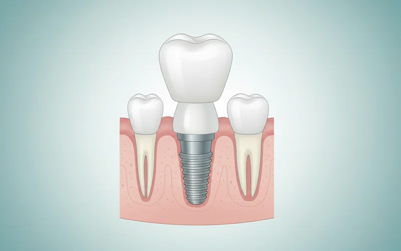 Illustration showing a single tooth implant with the titanium post in the jawbone, an abutment connecting it, and a porcelain crown on top, replacing a missing tooth.