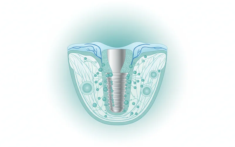 Diagram showing the process of osseointegration, with bone cells growing around and bonding to the titanium surface of the dental implant post.