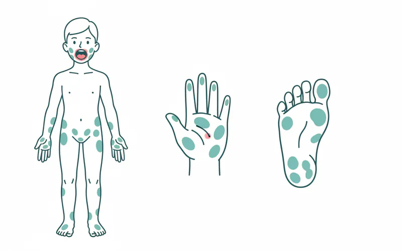 A diagram illustrating the typical locations of Hand, Foot, and Mouth Disease rash and sores: lesions on palms, soles of feet, inside mouth/tongue, and optionally buttocks.