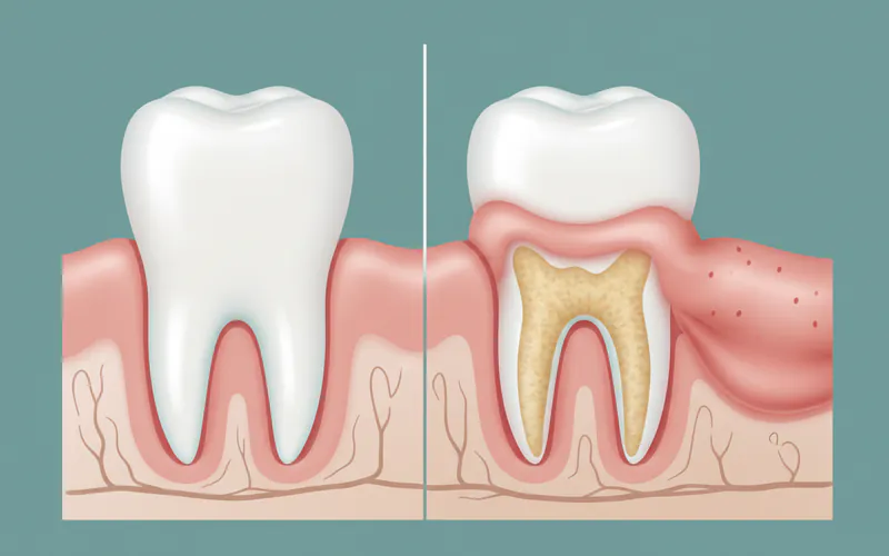 Diagram showing cross-section of a tooth and gum, illustrating healthy gum tissue vs. swollen, inflamed gum tissue with plaque buildup.