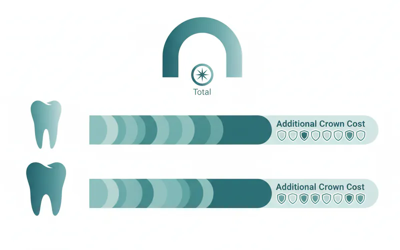 Infographic illustrating the cost breakdown of a root canal including the procedure cost and the additional cost of a crown, with different price ranges for anterior vs. molar teeth.