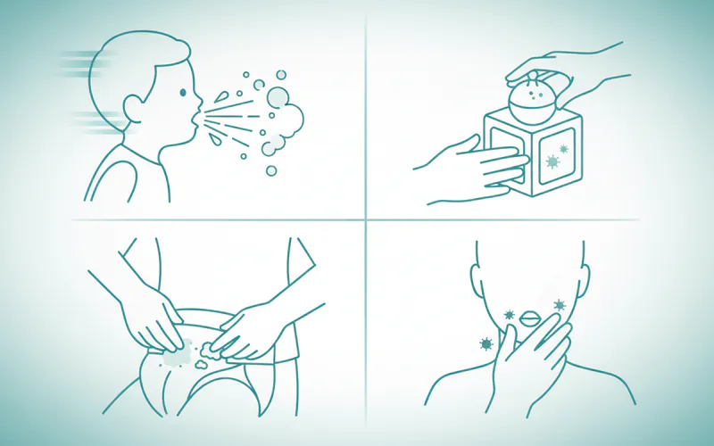 Illustration showing various modes of HFMD transmission: a child sneezing, hands touching a contaminated toy, an adult changing a diaper without gloves, and another person touching their mouth.