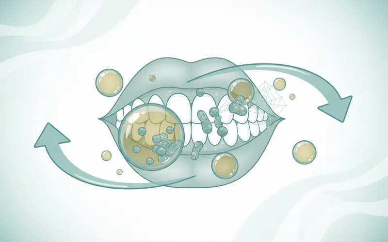 A diagram illustrating the oil pulling mechanism: showing oil globules binding to bacterial cells and biofilm in the mouth, with an arrow indicating the swishing action.