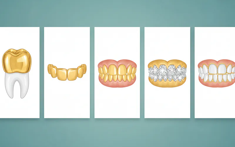 An infographic comparing different types of gold grillz, showing examples of single caps, top 6, full sets, "iced out" designs, and open-face grillz with labels for each.