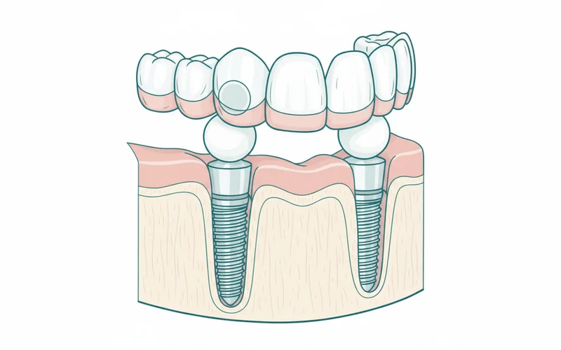 A cross-section diagram showing two dental implants embedded in the jawbone, with a removable lower arch denture snapping onto ball attachments on the implants.