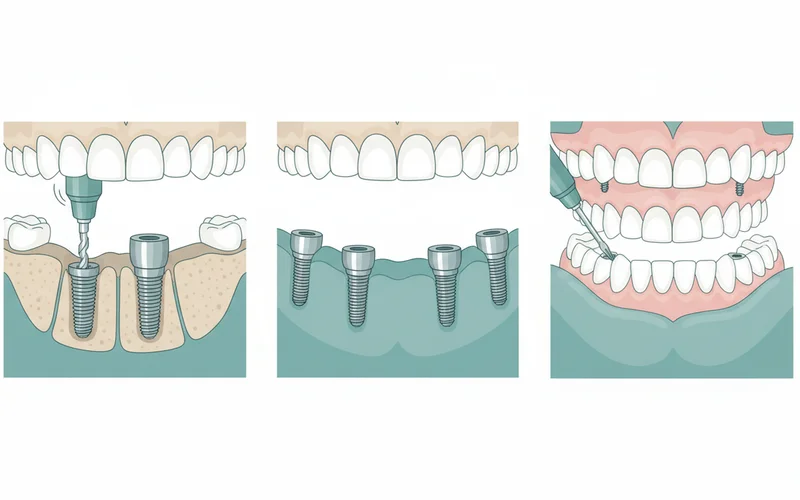 A series of three illustrations showing the implant denture process: 1. Implants being surgically placed into the jawbone. 2. Abutments attached to the healed implants. 3. A full arch fixed denture being screwed onto the abutments.