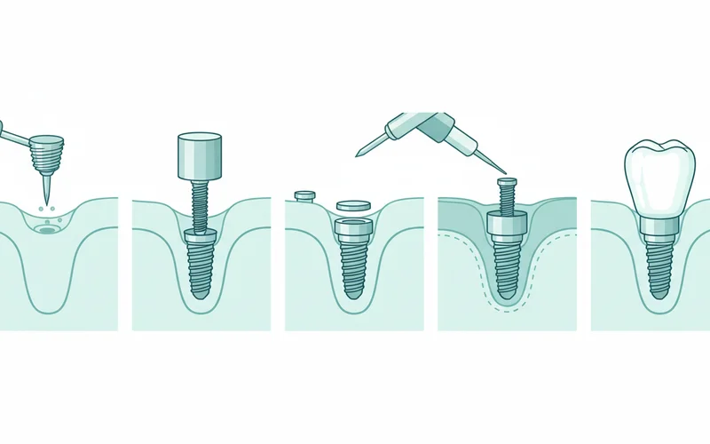 Illustrated step-by-step process of a single dental implant placement, from bone preparation to crown attachment.