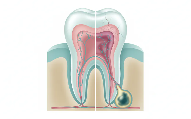 Cross-section of a molar tooth showing healthy pulp vs. infected pulp with an abscess at the root tip.