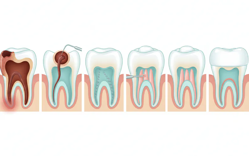 Sequence of illustrations showing the step-by-step root canal process: 1. Infected tooth, 2. Access opening and pulp removal, 3. Cleaning and shaping canals, 4. Filling canals with gutta-percha, 5. Temporary filling, 6. Final crown placement.