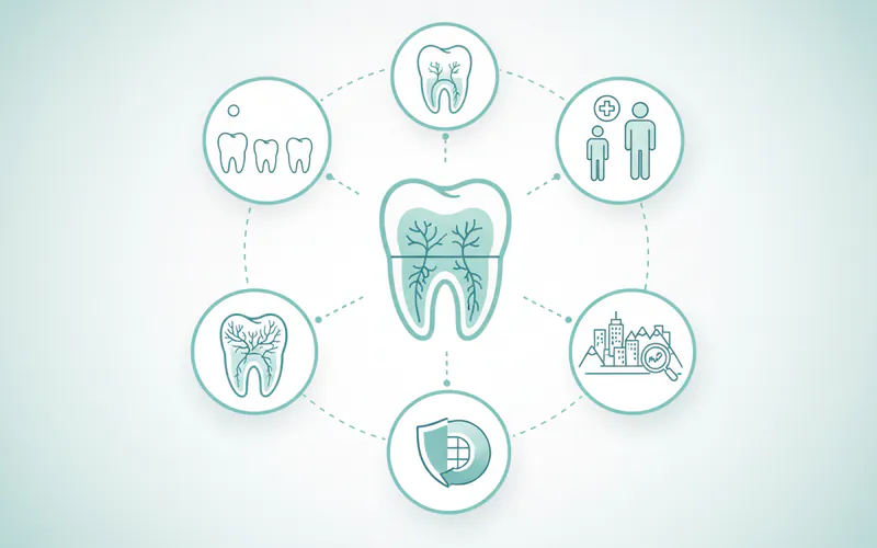 Infographic showing a breakdown of root canal cost factors: tooth type, complexity, general dentist vs. endodontist, geographic location, and insurance impact.