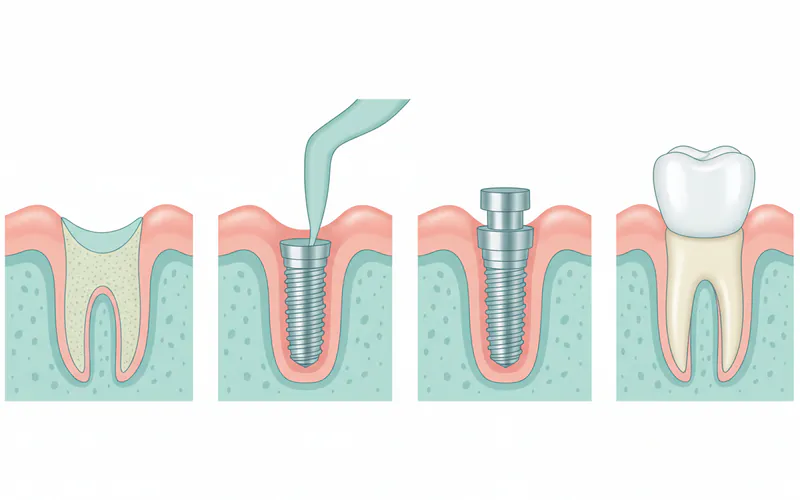 A series of four sequential illustrations showing the dental implant process: 1. A missing tooth with exposed jawbone. 2. A titanium implant screw being placed into the jawbone. 3. The implant with an abutment attached, gum healing around it. 4. A natural-looking dental crown placed on the abutment, completing the restoration.