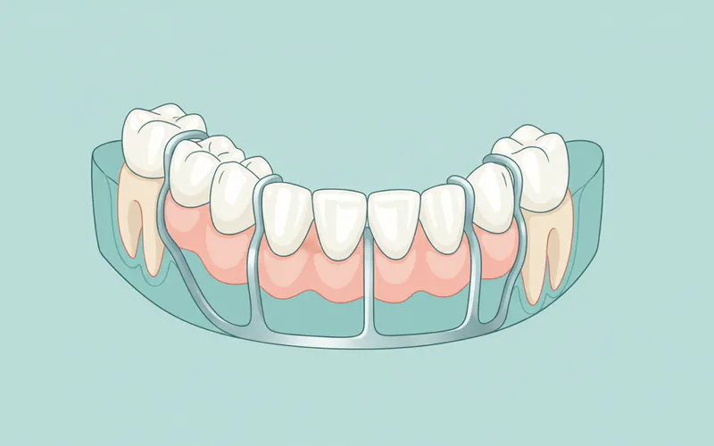 Diagram showing different components of a partial denture: artificial teeth, gum-colored base, metal framework, and clasps attaching to natural teeth.