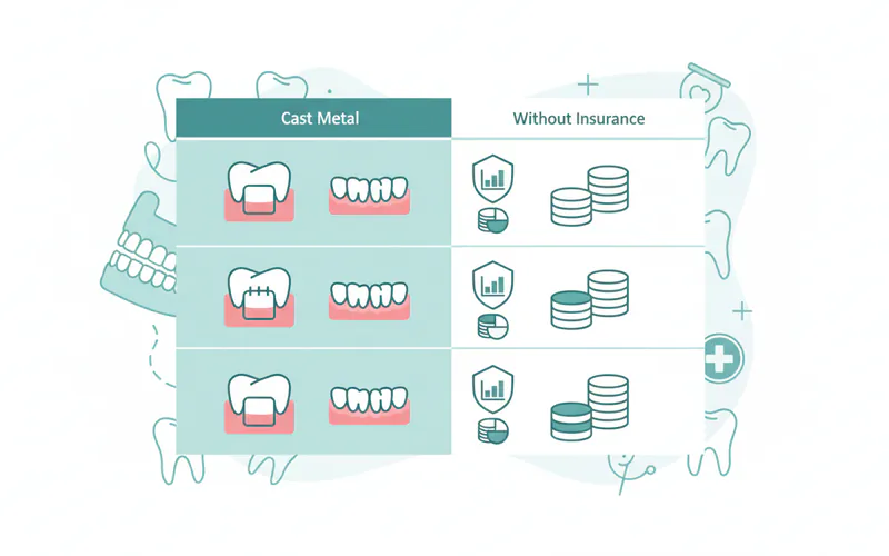 Comparison table showing "With Insurance" vs. "Without Insurance" costs for different partial denture types, highlighting typical coverage percentages and out-of-pocket expenses for a hypothetical $2,000 cast metal partial.