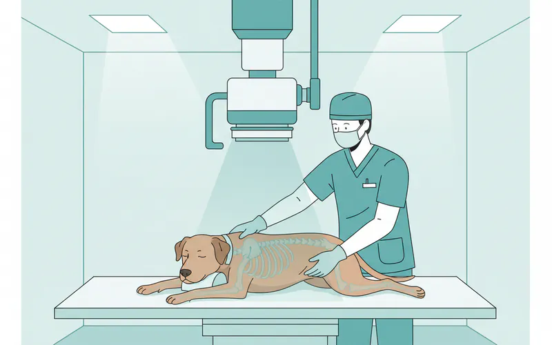 A veterinary technician carefully positioning a dog (under light sedation) on an X-ray table, with the X-ray machine overhead, demonstrating proper technique for a skeletal X-ray.