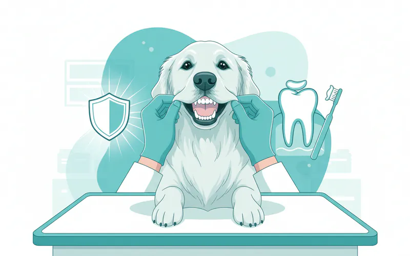 A smiling dog with healthy, clean teeth, perhaps a dog being gently examined by a vet, emphasizing the importance of proactive care to prevent issues.