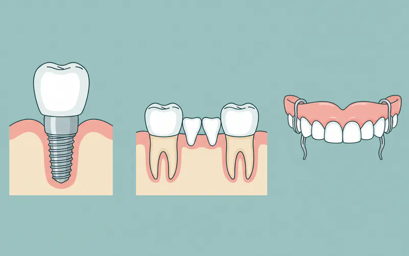 A side-by-side comparison illustrating a dental implant (screw in bone, abutment, crown), a 3-unit dental bridge (crowns on adjacent teeth, pontic in middle), and a partial denture (acrylic base with metal clasps and fake teeth).