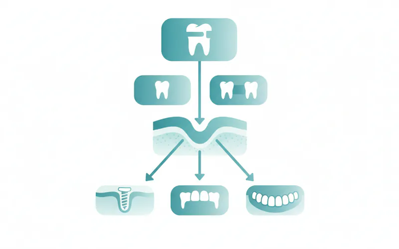 A flowchart illustrating the decision-making process for choosing a fake tooth: starting with "Missing Tooth," branching to "Single Tooth vs. Multiple Teeth," then "Bone Health," leading to options like "Implant," "Bridge," or "Denture."