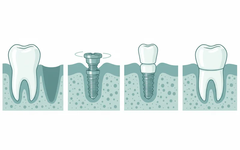 A series of illustrations showing the step-by-step process of molar implant placement: 1) Missing molar space, 2) Implant screw being inserted into the jawbone, 3) Abutment attached to the integrated implant, 4) Final crown placed on the abutment.