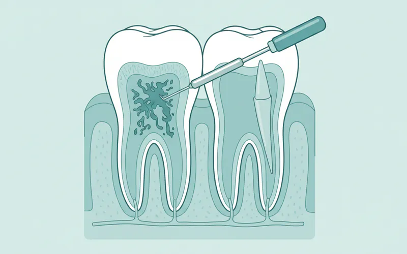 Cross-section diagram of a tooth showing a root canal procedure, with infected pulp being removed and the canal being filled with gutta-percha.