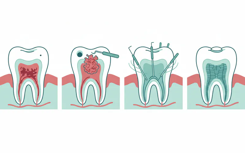 A series of four diagrams showing the root canal process: 1) Infected tooth, 2) Access hole and removal of pulp, 3) Cleaning and shaping canals, 4) Filling canals with gutta-percha and sealing.