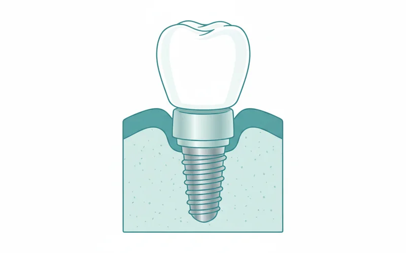 Detailed diagram of a single dental implant with labels for implant post, abutment, and crown