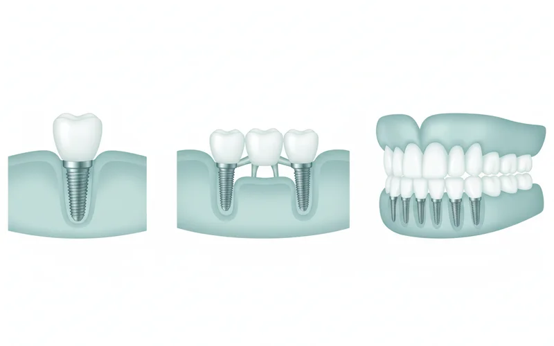 Comparison graphic showing a single implant, a bridge supported by implants, and an All-on-4 setup