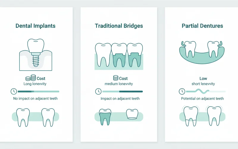 Infographic comparing dental implants, traditional bridges, and partial dentures based on cost, longevity, and impact on adjacent teeth