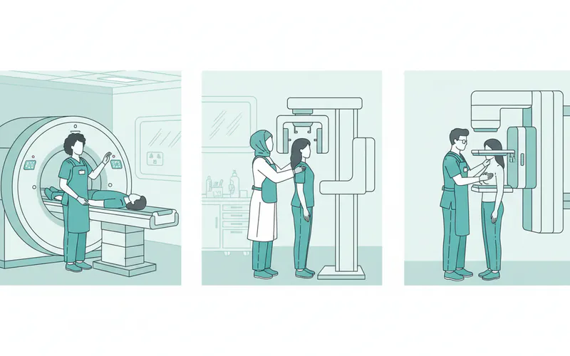 A diverse group of X-ray technicians in different settings: one in a hospital operating a large CT scanner, one in a dental office positioning a patient for a panoramic X-ray, and one performing a mammogram, all wearing protective gear.