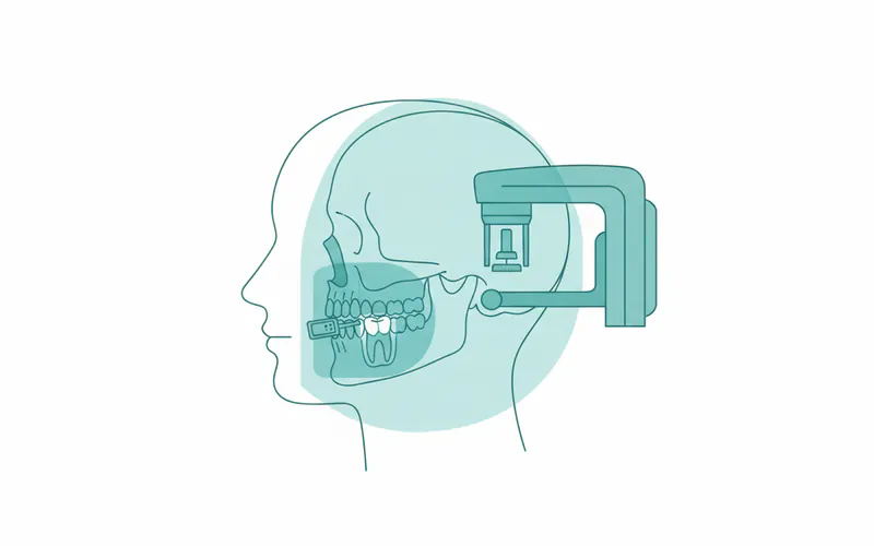 A diagram showing a side profile of a person's head with different types of dental X-rays overlaid, indicating the specific areas each type (bitewing, panoramic, periapical) images. Show a digital sensor in the mouth for intraoral X-rays and a panoramic machine around the head for extraoral.
