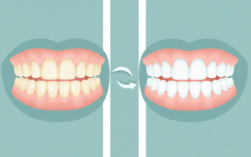 A comparative image showing a set of teeth before and after professional whitening, highlighting the brighter shade achieved.